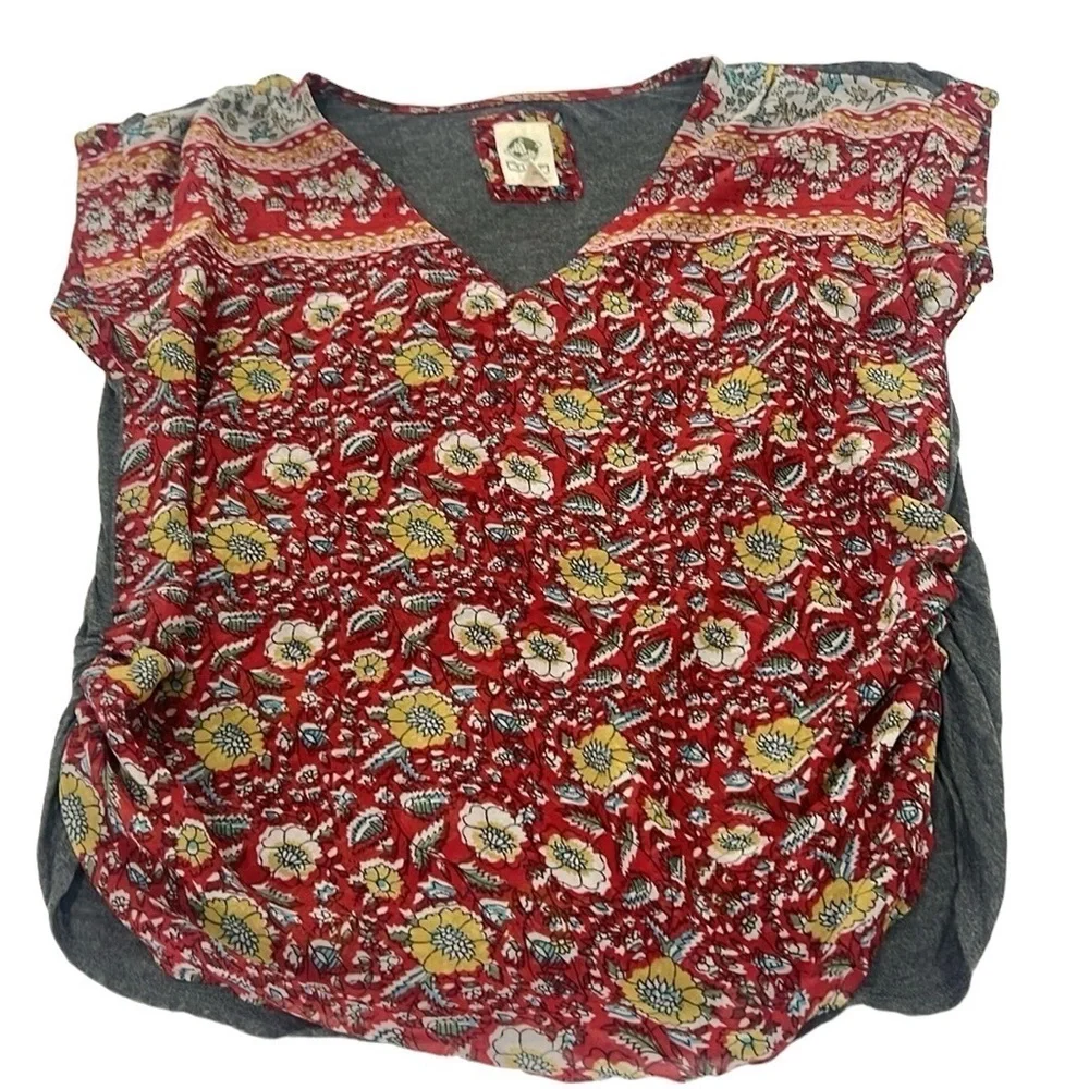 Anthropologie Tiny V-neck floral front back gray ruched top size XS - Picture 3 of 11